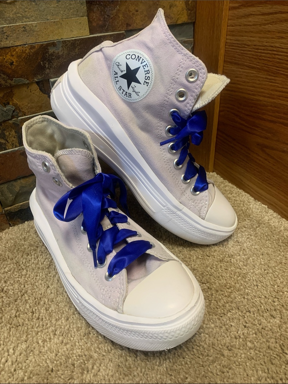 Converse' Light Pink Canvas High Top Sneakers with Blue Ribbon Laces